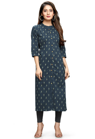 Navy Blue Pure Cambric Cotton Jaipuri Printed Kurti