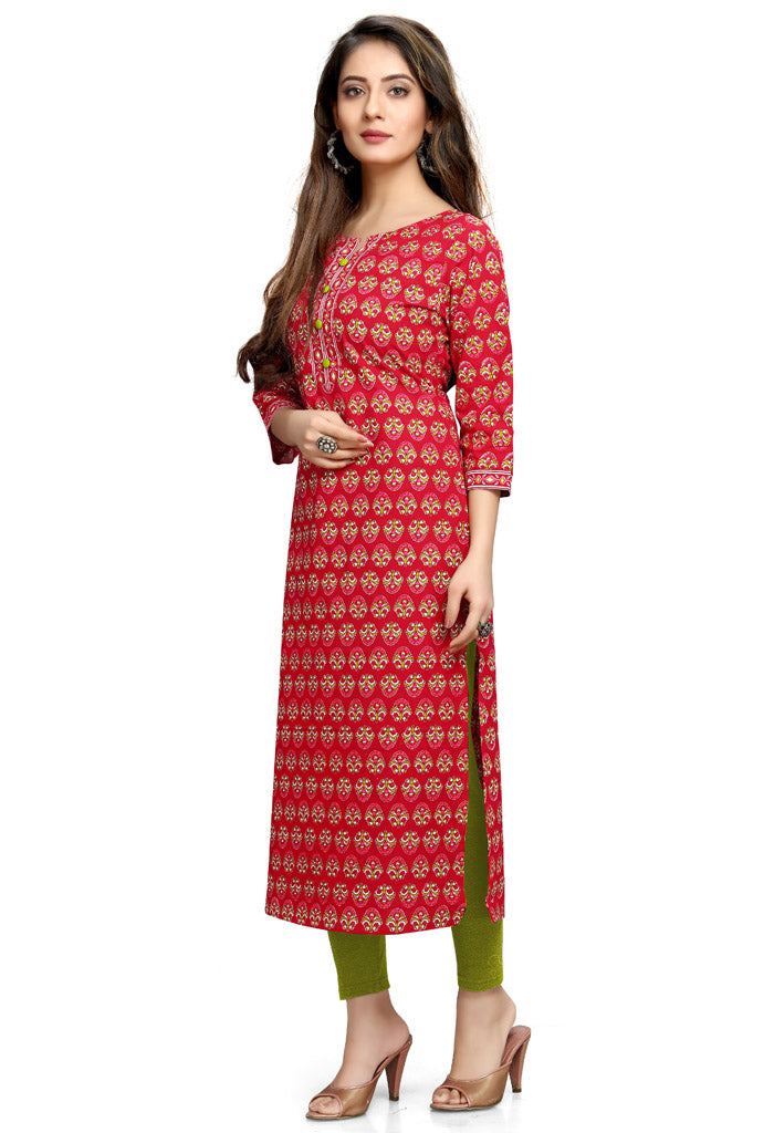 Red And Green Pure Cambric Cotton Jaipuri Printed Kurti