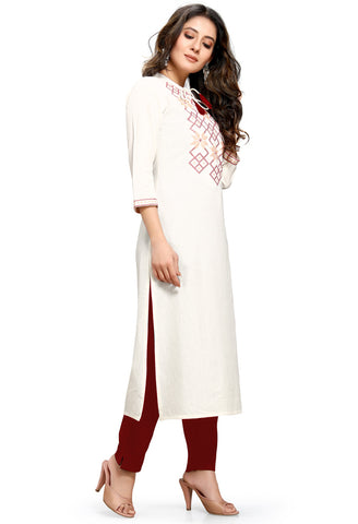 Off-White Pure Cambric Cotton Jaipuri Embroidered Kurti