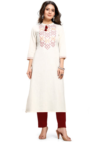 Off-White Pure Cambric Cotton Jaipuri Embroidered Kurti