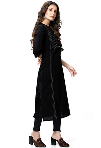 Black Pure Cambric Cotton Jaipuri Embroidered Kurti