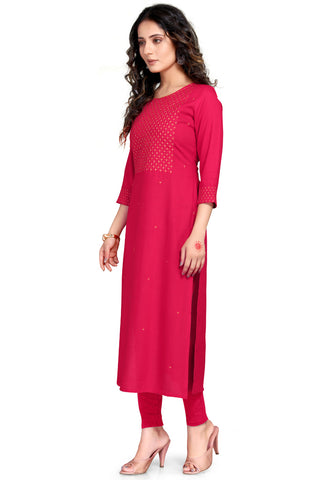 Coral Red Rayon Slub Embroidered Kurti