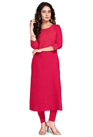 Coral Red Rayon Slub Embroidered Kurti