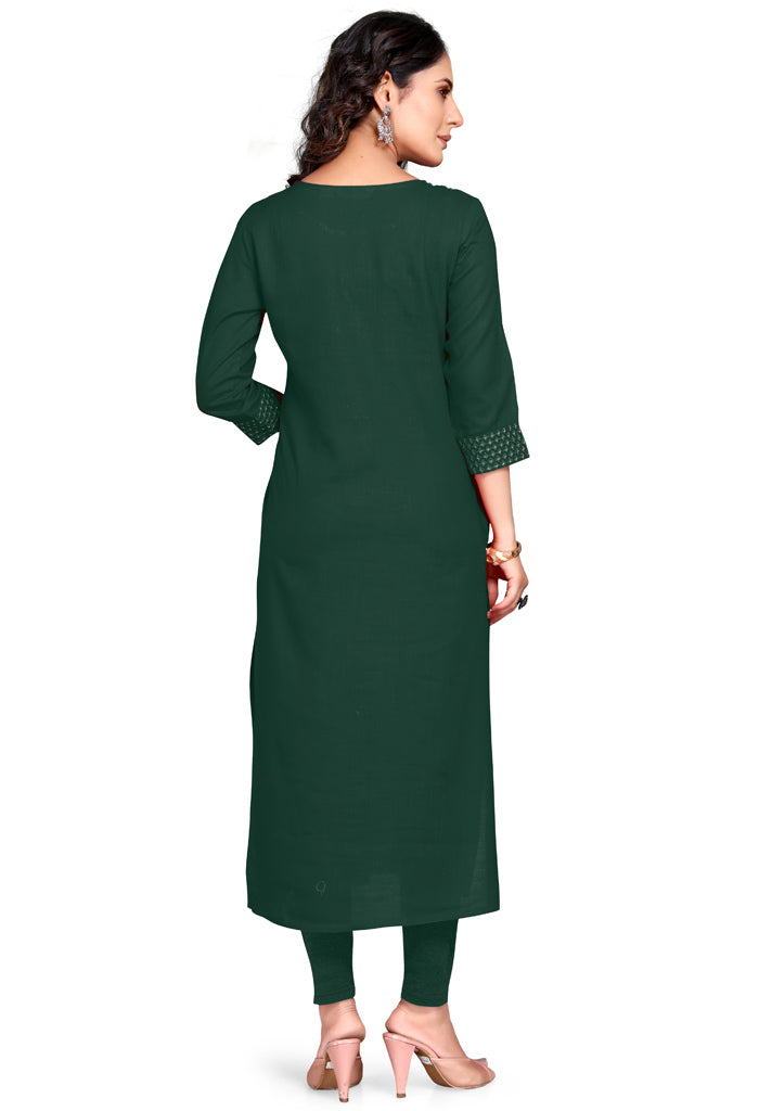 Bottle Green Rayon Slub Embroidered Kurti