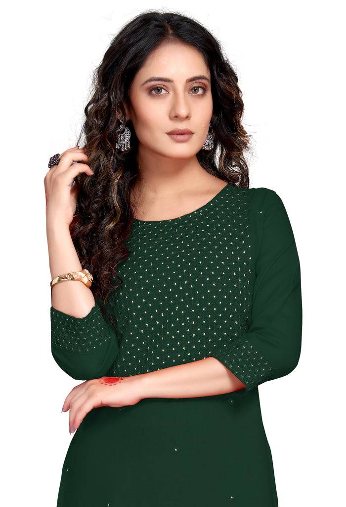 Bottle Green Rayon Slub Embroidered Kurti