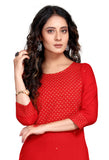 Red Rayon Slub Embroidered Kurti