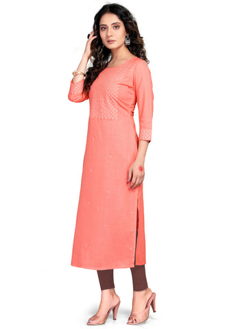 Peach Rayon Slub Embroidered Kurti