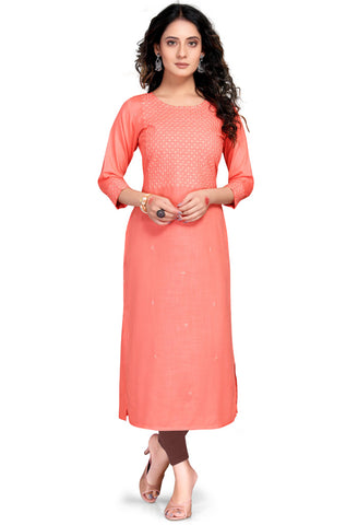 Peach Rayon Slub Embroidered Kurti