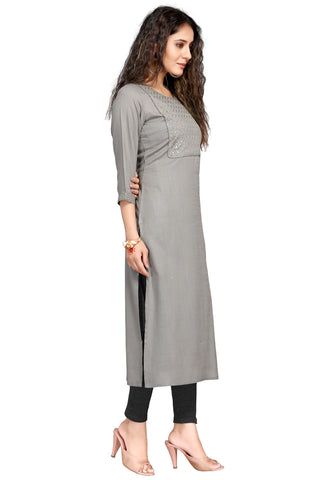 Grey Rayon Slub Embroidered Kurti