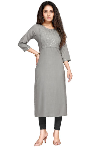 Grey Rayon Slub Embroidered Kurti