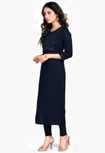Load image into Gallery viewer, Blue Rayon Slub Embroidered Kurti
