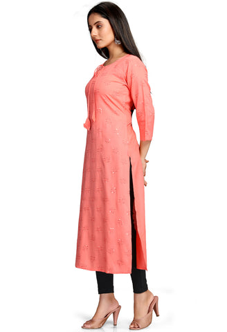 Pink Rayon Slub Embroidered Kurti