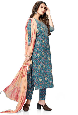 Blue Pure Cambric Cotton Jaipuri Printed Kurta Set With Dupatta