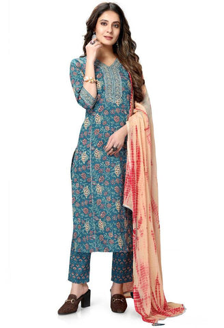 Blue Pure Cambric Cotton Jaipuri Printed Kurta Set With Dupatta