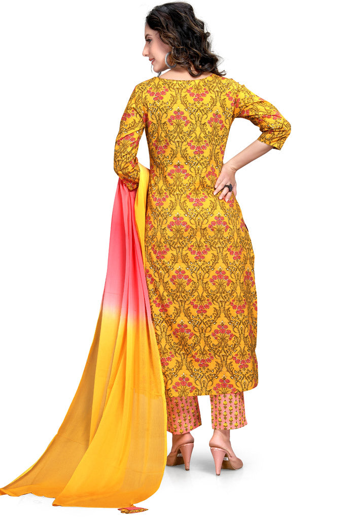 Yellow And Pink Pure Cambric Cotton Jaipuri Printed Kurta Set With Dupatta