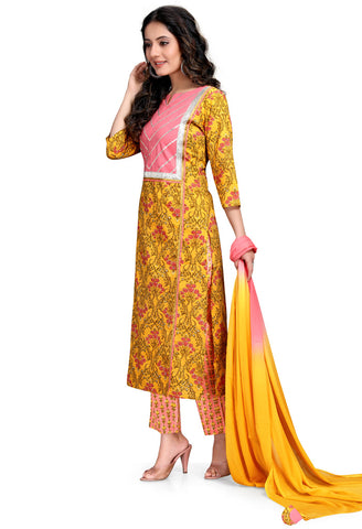 Yellow And Pink Pure Cambric Cotton Jaipuri Printed Kurta Set With Dupatta