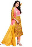 Yellow And Pink Pure Cambric Cotton Jaipuri Printed Kurta Set With Dupatta