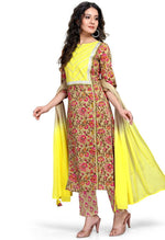 Load image into Gallery viewer, Beige And Yellow Pure Cambric Cotton Jaipuri Printed Kurta Set With Dupatta - Rajnandini