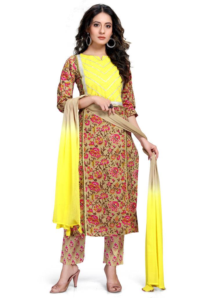 Beige And Yellow Pure Cambric Cotton Jaipuri Printed Kurta Set With Dupatta