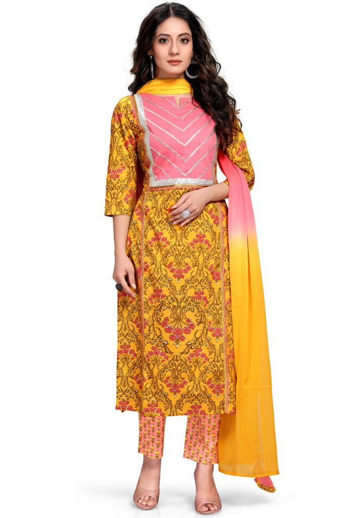 Yellow And Pink Pure Cambric Cotton Jaipuri Printed Kurta Set With Dupatta