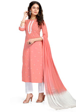 Load image into Gallery viewer, Pink Pure Cambric Cotton Embroidered Kurta Set With Dupatta