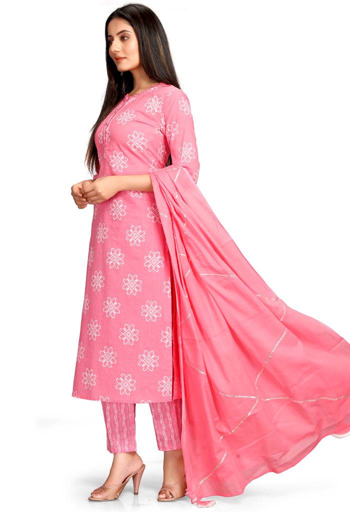 Baby Pink Pure Cambric Cotton Jaipuri Printed Kurta Set With Dupatta - Rajnandini