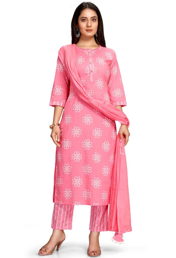 Baby Pink Pure Cambric Cotton Jaipuri Printed Kurta Set With Dupatta - Rajnandini