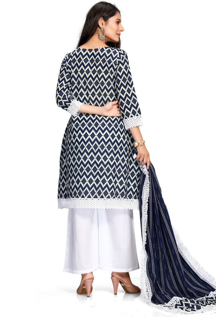 Navy Blue And White Pure Cambric Cotton Jaipuri Embroidered Kurta Set With Dupatta