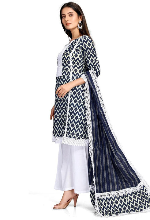 Navy Blue And White Pure Cambric Cotton Jaipuri Embroidered Kurta Set With Dupatta