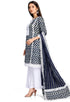 Navy Blue And White Pure Cambric Cotton Jaipuri Embroidered Kurta Set With Dupatta