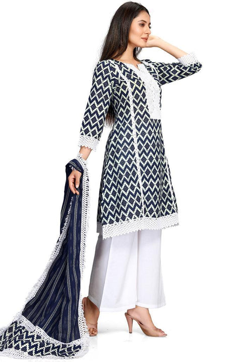 Navy Blue And White Pure Cambric Cotton Jaipuri Embroidered Kurta Set With Dupatta