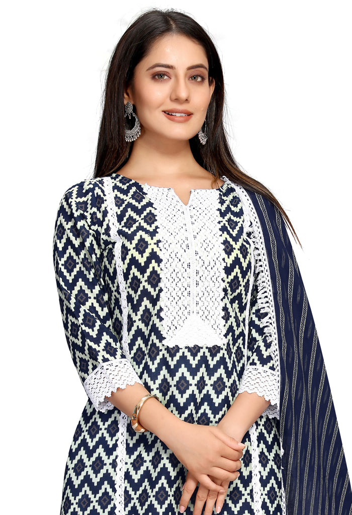 Navy Blue And White Pure Cambric Cotton Jaipuri Embroidered Kurta Set With Dupatta