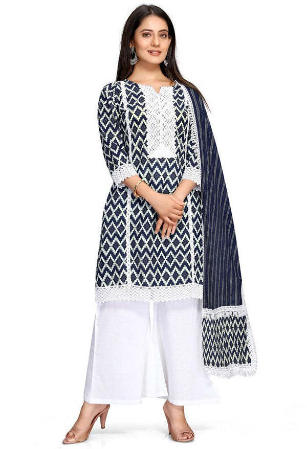 Navy Blue And White Pure Cambric Cotton Jaipuri Embroidered Kurta Set With Dupatta