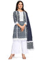 Navy Blue And White Pure Cambric Cotton Jaipuri Embroidered Kurta Set With Dupatta