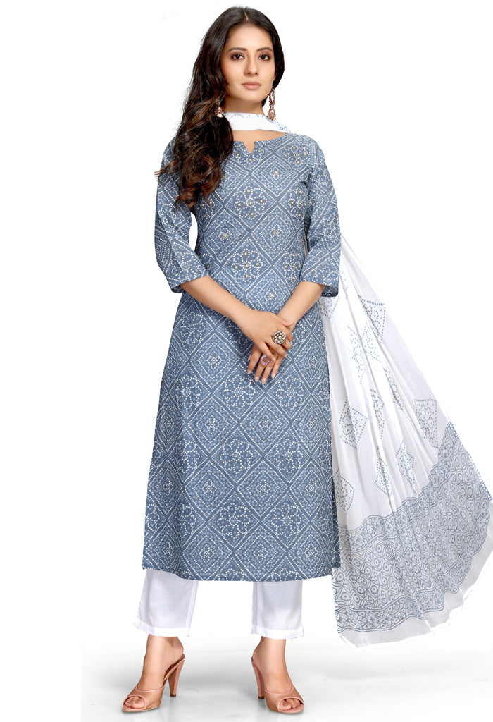 Grey And White  Pure Cambric Cotton Printed Kurta Set With Dupatta