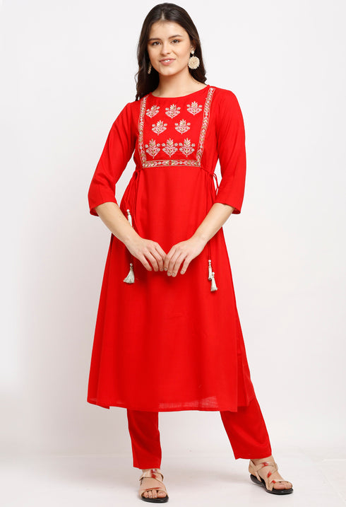 Red Rayon Slub Floral Embroidered Kurta Set With Dupatta