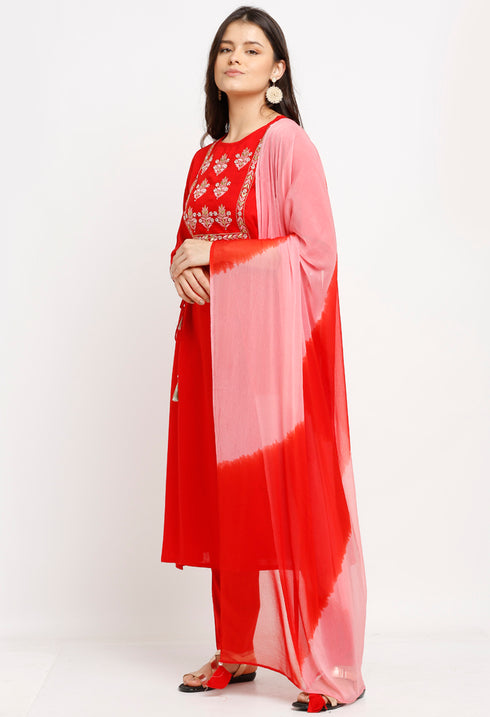 Red Rayon Slub Floral Embroidered Kurta Set With Dupatta
