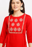 Red Rayon Slub Floral Embroidered Kurta Set With Dupatta