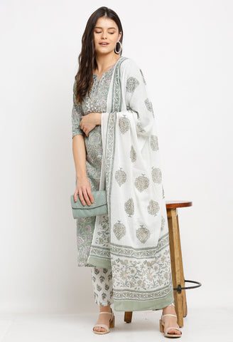 Light Green Pure Cambric Cotton Floral Printed Kurta Set With Dupatta