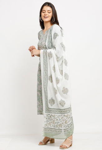 Light Green Pure Cambric Cotton Floral Printed Kurta Set With Dupatta