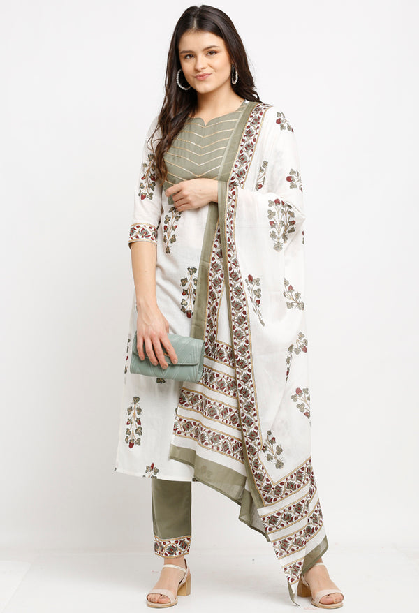 White And Green Pure Cambric Cotton Floral Printed Kurta Set With Dupatta