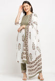 White & Green Pure Cambric Cotton Printed Kurta Set With Dupatta