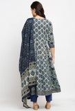 Blue Pure Cambric Cotton Printed Kurta Set With Dupatta