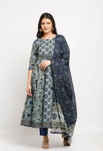 Load image into Gallery viewer, Blue Pure Cambric Cotton Printed Kurta Set With Dupatta