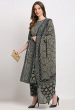 Load image into Gallery viewer, Navy Blue Pure Cambric Cotton Embroidered Kurta Set With Dupatta