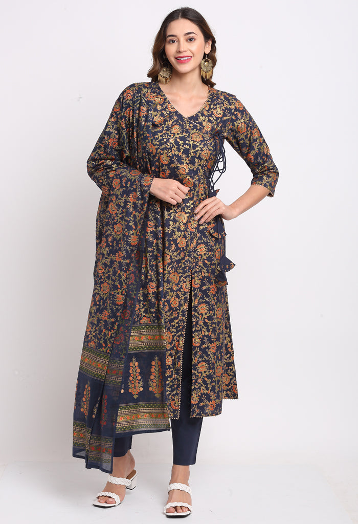 Blue Pure Cambric Cotton Floral Printed Kurta Set With Dupatta