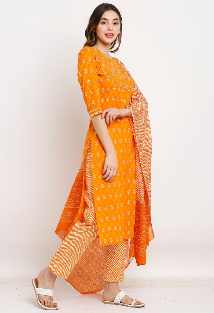 Orange Pure Cambric Cotton Floral Embroidered Kurta Set With Dupatta