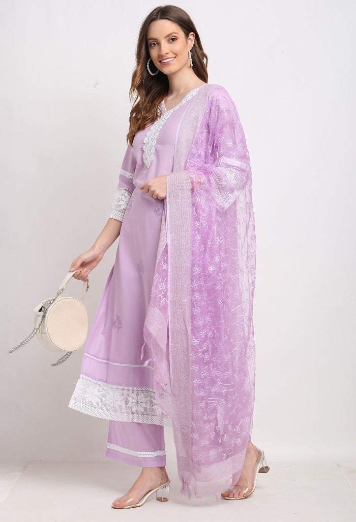 Purple Pure Cambric Cotton Floral Embroidered Kurta Set With Dupatta
