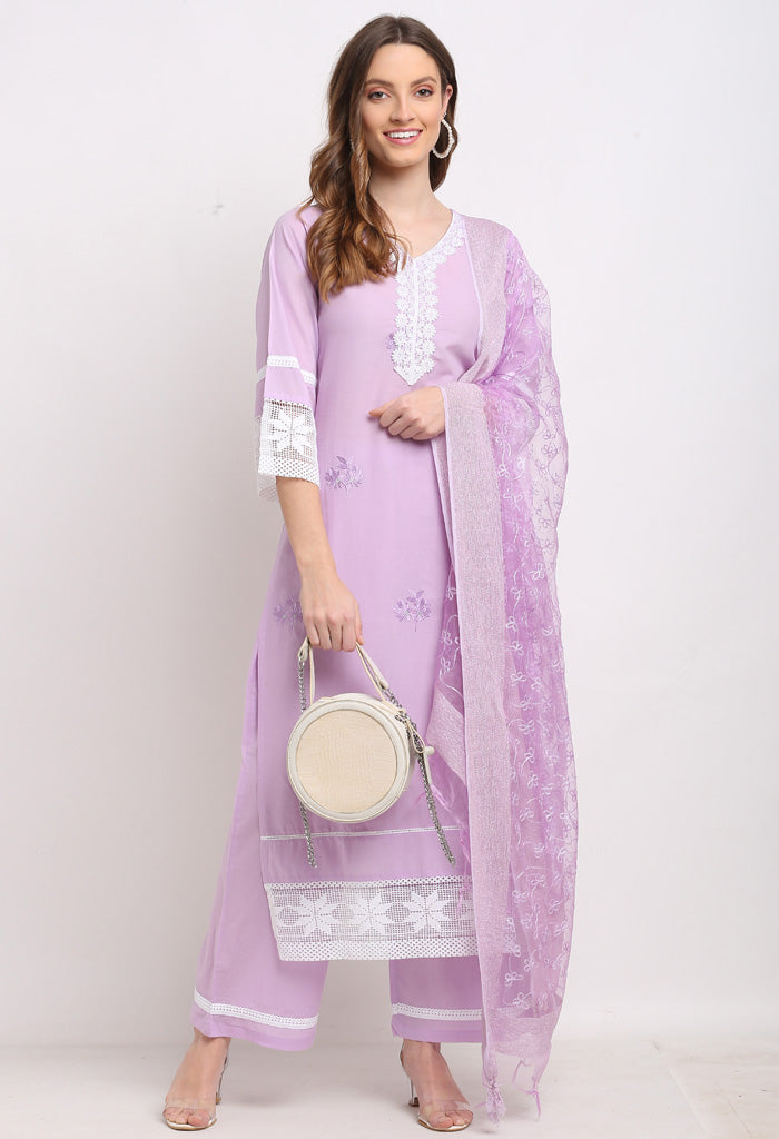 Purple Pure Cambric Cotton Floral Embroidered Kurta Set With Dupatta