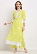 Load image into Gallery viewer, Light Green Pure Cambric Cotton Floral Embroidered Kurta Set With Dupatta